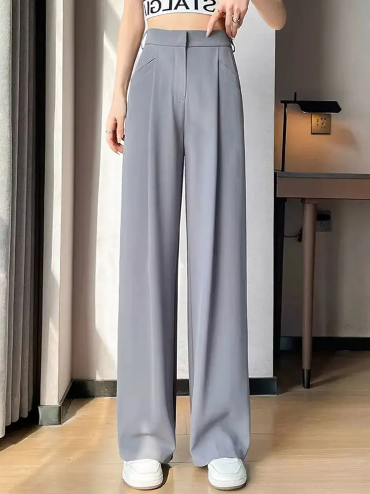 

Летние шикарные тонкие свободные женские брюки с высокой талией, новые классические однотонные модные офисные женские повседневные простые женские широкие брюки
