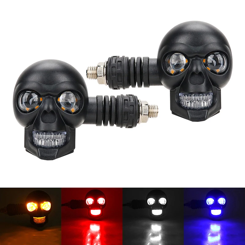 New 2Pcs Dual Color Moto LED Skull Shape Waterproof Fog Light Turn Signal Auxiliary Headlights ATV Scooter For Racer Spotlight