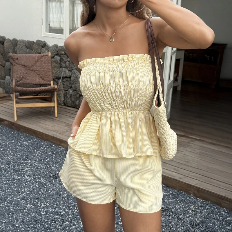 

French Style Fashion Women's Two Pieces Set 2025 New Summer Sexy Slash Neck Ruffled Slim Tops Female Casual Striped Shorts Sets