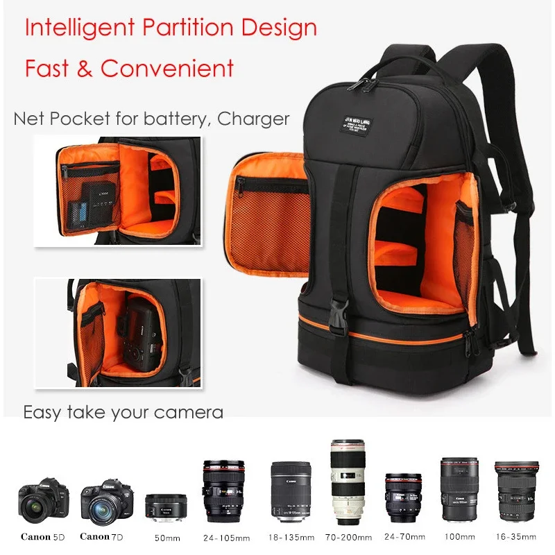 JINNUOLANG Professional Digital SLR Camera Backpack Large Photography Bag Tripod Holder Waterproof Rain Cover Outdoor Hiking