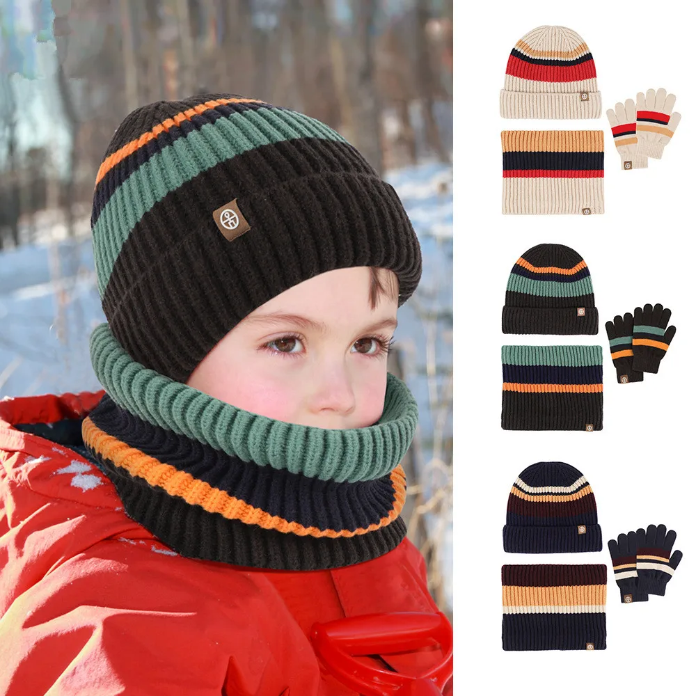 Children's Winter Woolen Hats Scarf Gloves Set Baby Boys Girls Thick Warm Knitted Striped Beanie Hat Kids Hat 2-10Years