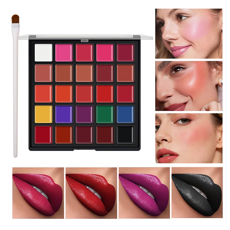 25 Colors Cream Lip Face Makeup Palette with Brush Multi‑Functional Lipstick Blush Cream Palette for Lips Cheeks Cosplay Party