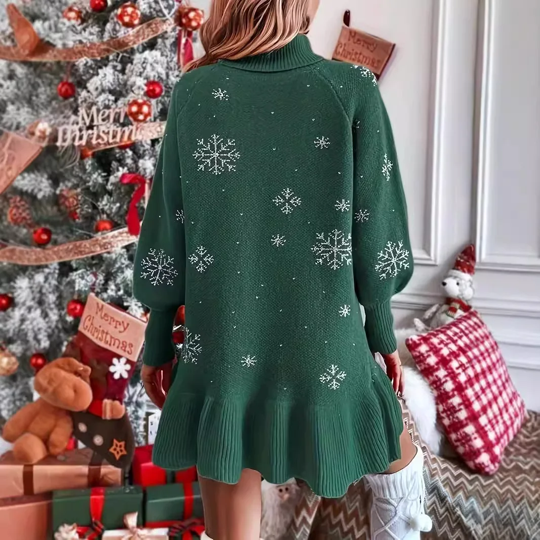 Snowflake Graphic Long Sleeve Dresses Women Christmas Style Turn-down neck Knit A-line Fldas Sweet Harajuku Vintage Mini Dress