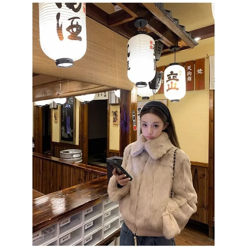 Casaco de pele de coelho rex de imitação quente e vestível com gola alta de pele ecológica para mulheres curto engrossado