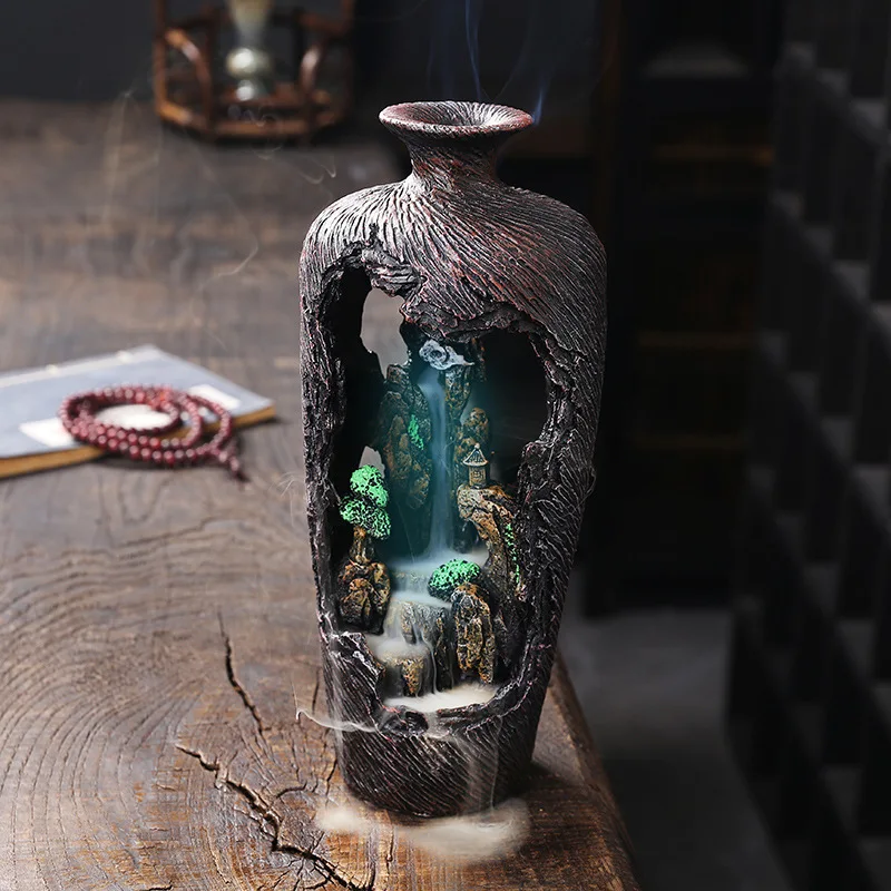 Resin Vase Shape Led Incense Burner, Waterfall Holder for Aromatherapy Ornament & Home Decor, With Natural