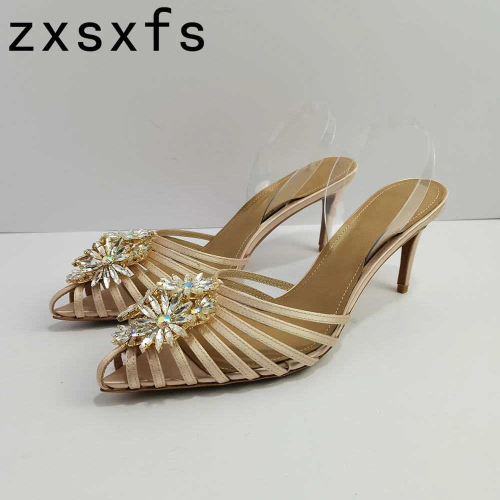 

New Flower Crystal Party Bride Shoes Satin Pointy Thin Heels Women Pumps Sexy Runway Wedding Slingback Women Sandals 2024