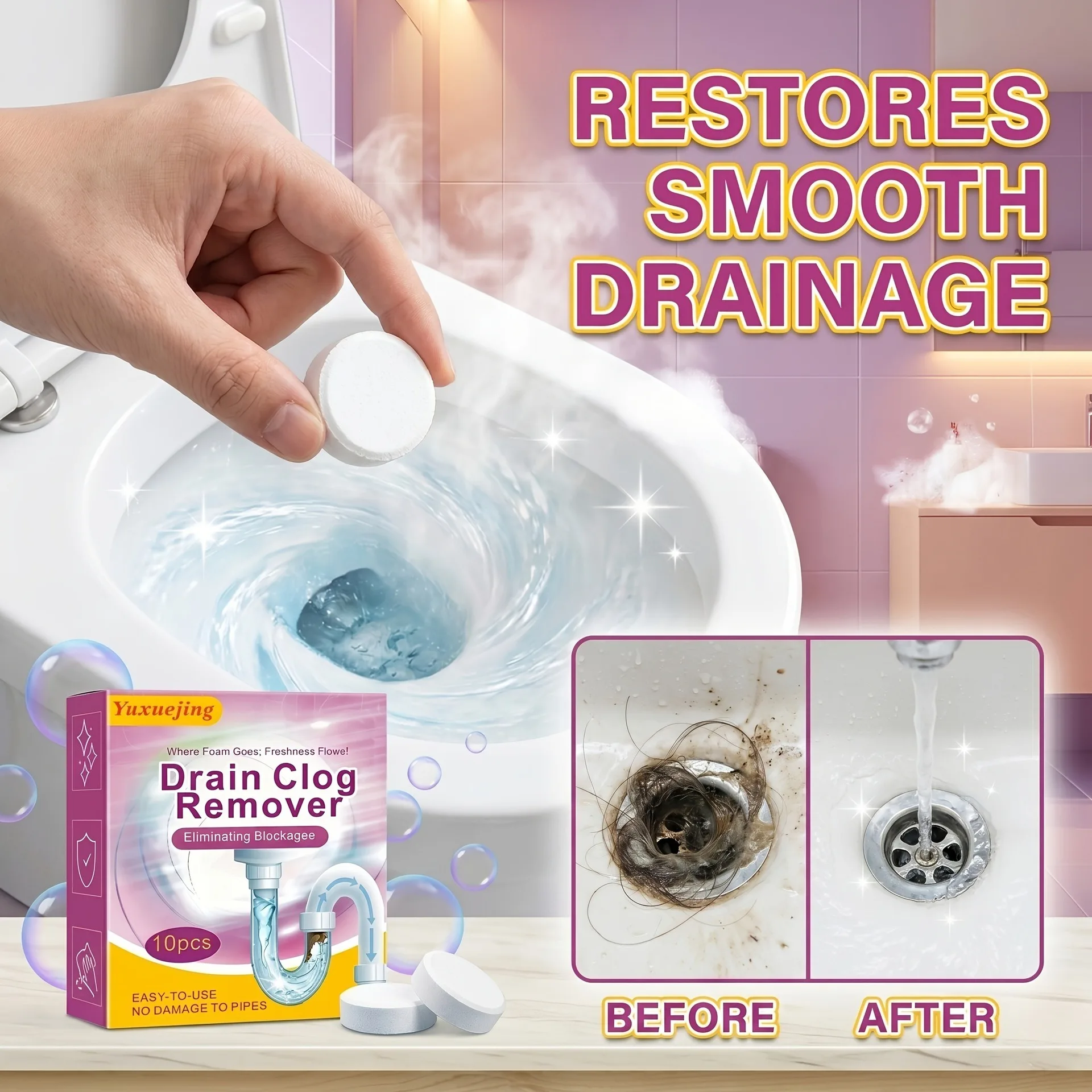 Home pipe unclogging effervescent tablets can quickly dissolve hair and oil, prevent blockages, and maintain cleanliness
