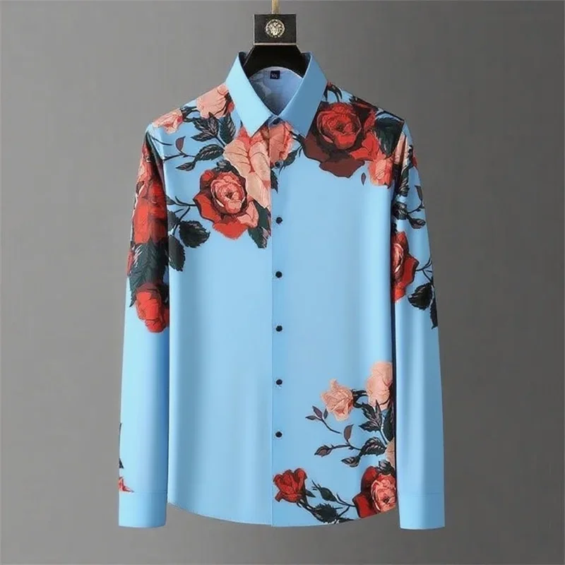 

Men's Simple Retro Rose Flower Printed Long-sleeved Shirt for Spring and Autumn Outing Parties High-quality Printed Lapel Shirt