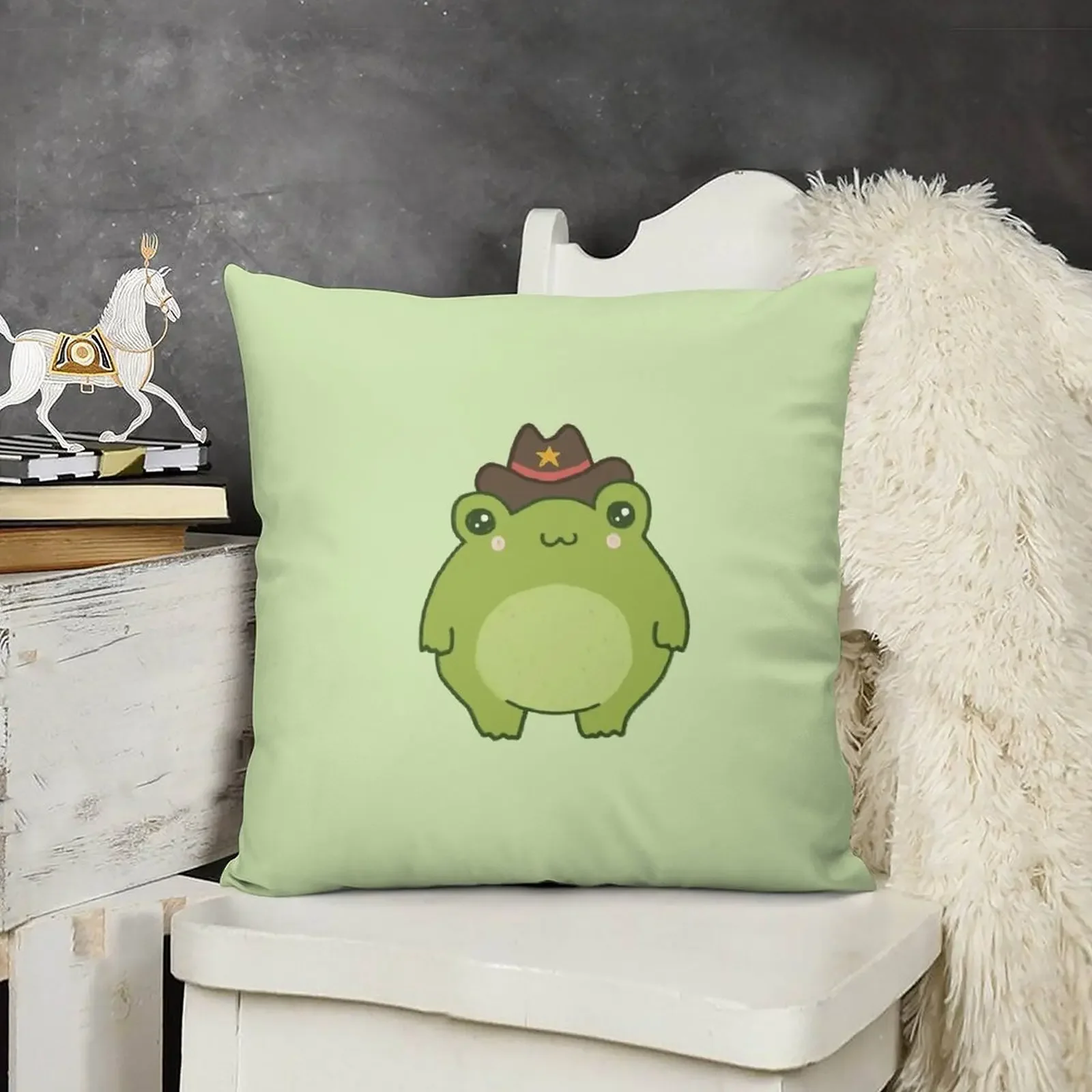 Cute Sheriff Frog with Cowboy Hat: Kawaii Cottagecore Aesthetic, Perfect for Teen, Pastel Chubby Cowgirl and Wester Throw Pillow