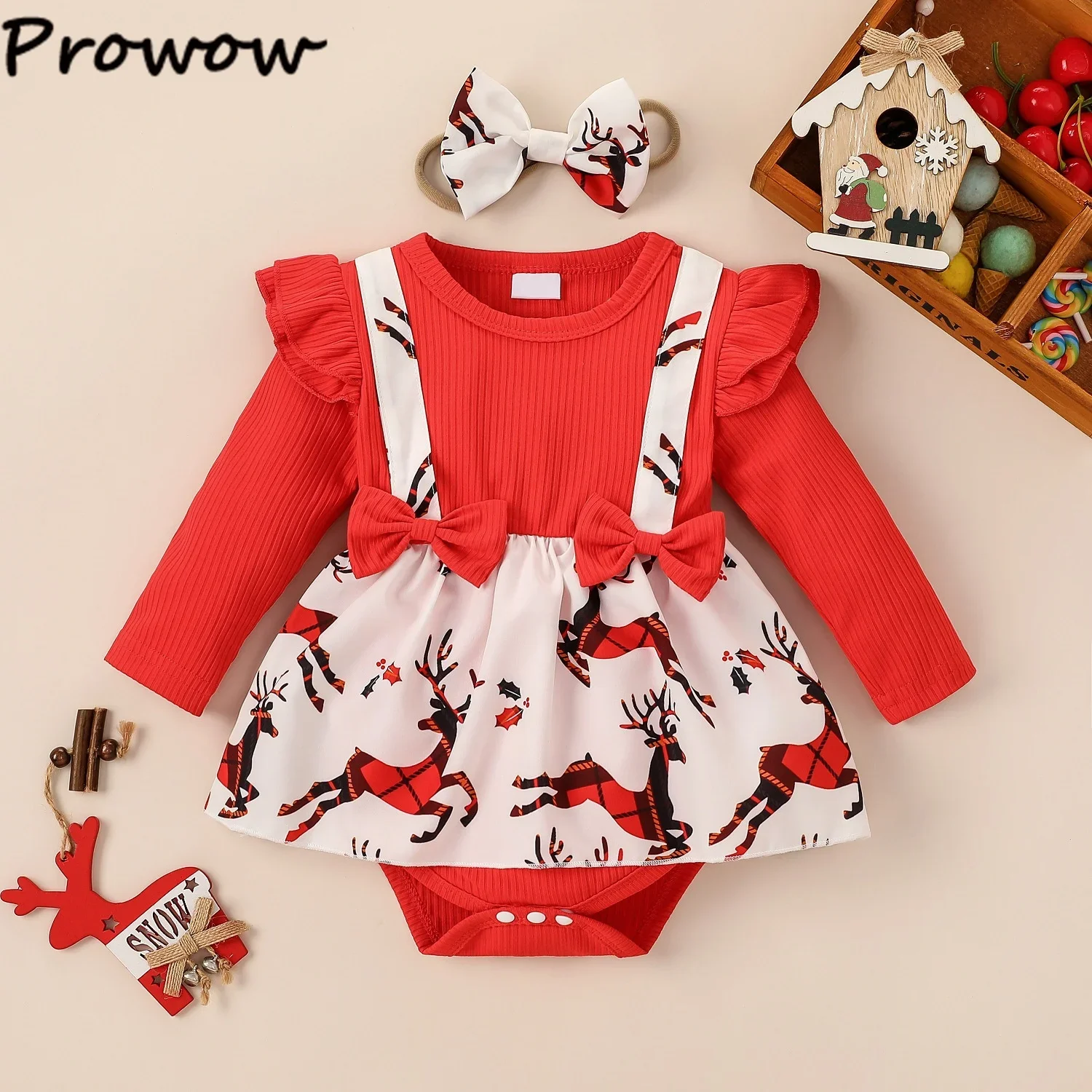 Prowow My First Christmas Baby Clothes Patchwork Long Sleeve Xmas Print Red Bodusit Dress For Newborn New Year Costumes 2025