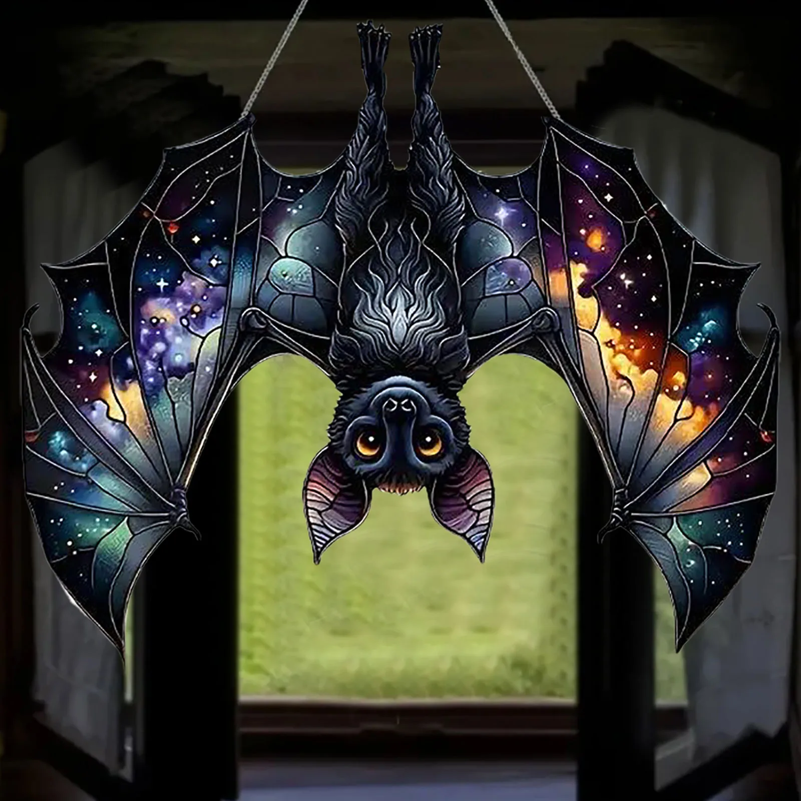 Bat Stained Glass Window Pendant Bat Suncatcher Halloween Decoration Bat Decor Hanging For Home Kitchen Light Garland Plug in