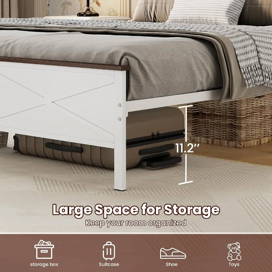 إطار سرير كوين للمزرعة مع لوح أمامي ولوح للقدمين، منصة معدنية بحجم كوين مع تخزين تحت السرير بدون ضوضاء