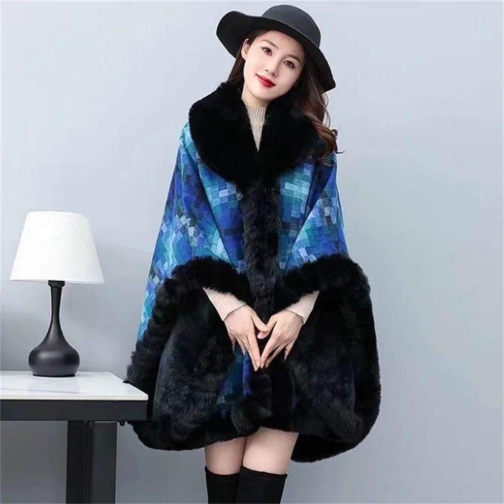 Open Stitch Long Round Collar Shawl Plaid Poncho Cape Faux Rabbit Fur Neck Cloak Knitted Winter Warm Mantle Overcoat