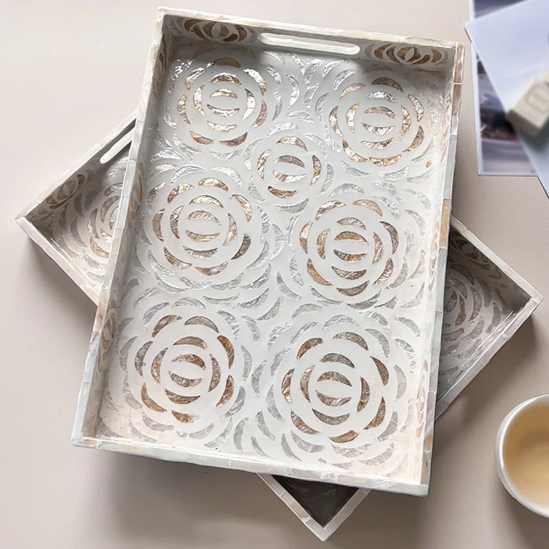 

European Colorful Shell Rectangular Tea Tray Creative Living Room Storage Wooden Serving Platter Handmade Decor Display