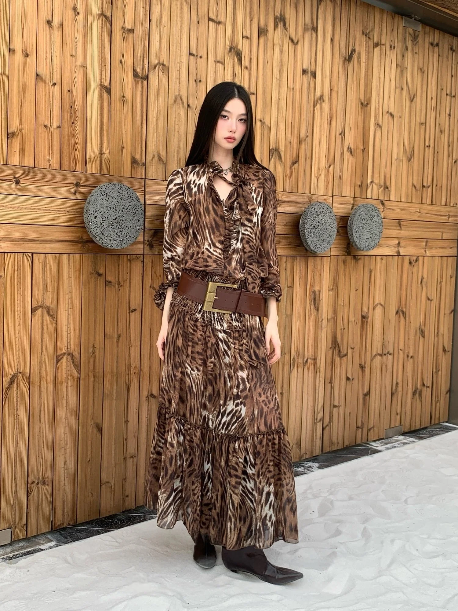 

Sexy Long Sve Leopard Print Dr High Waist V Ne Belted Ultra Long Material Ci Commute a Line Skirt Single Piece