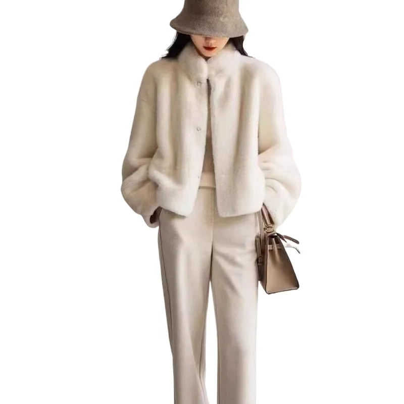 Abrigo integrado de piel y piel de felpa para mujer joven, chaqueta de piel con cuello levantado corto, ecológica, para invierno