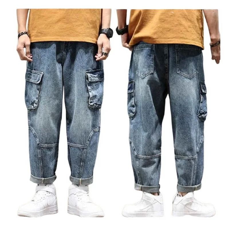 Men's Cargo Jeans Multiple Pockets Tapered Pants Loose Washed Youth Skateboard Pants