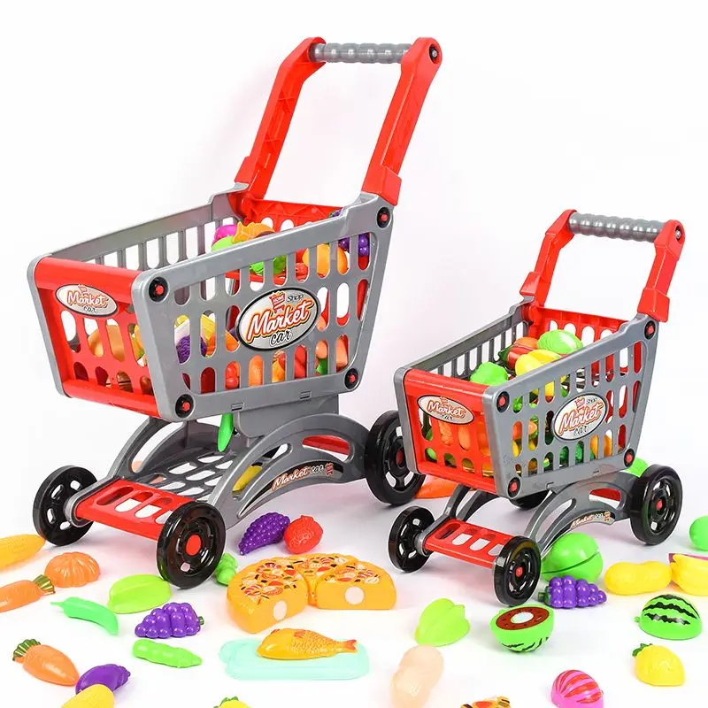 Pink Shopping Trolley Cart Supermarket Trolley Push Car Toys Basket Mini Simulation Fruit Food Pretend Play Toy for Children