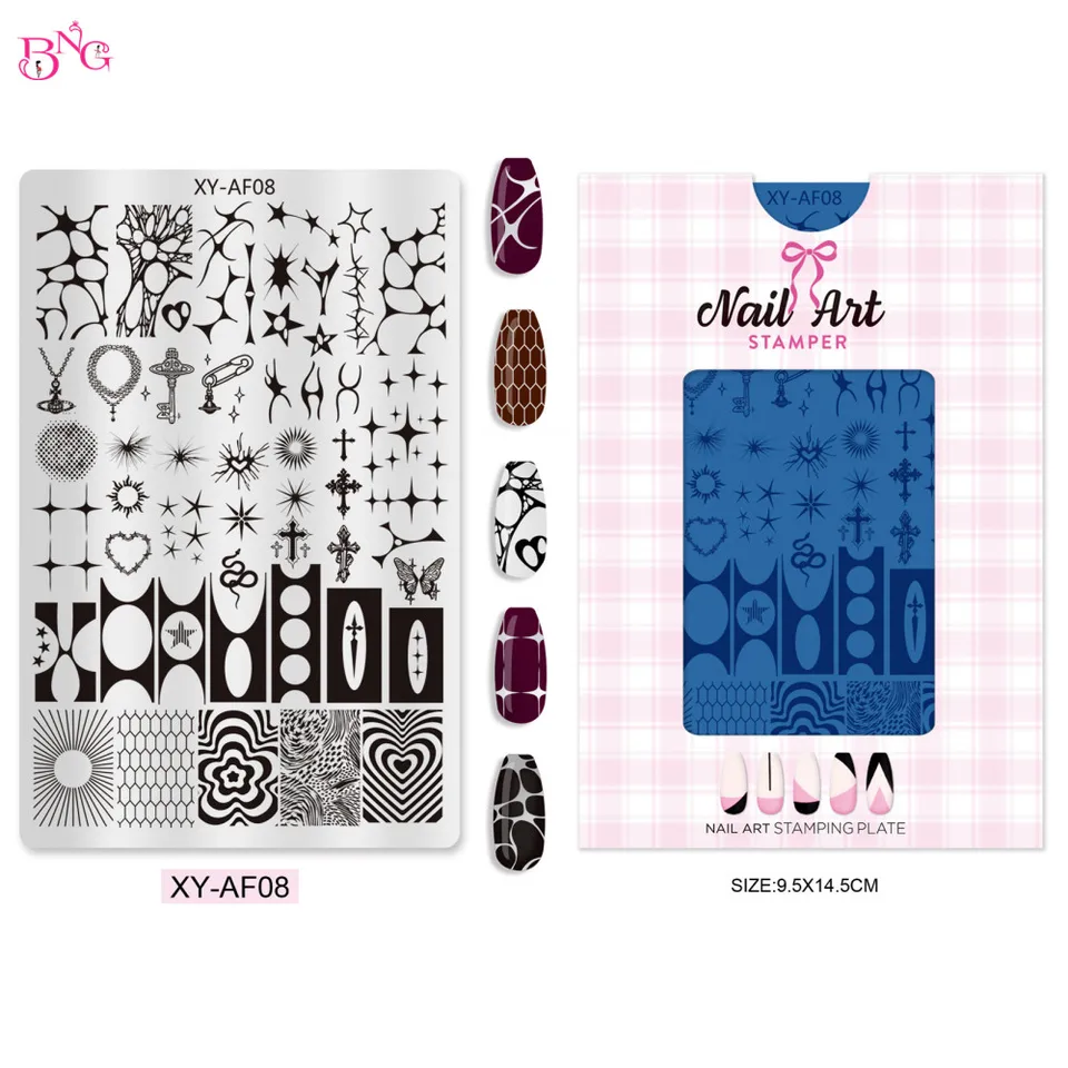 BNG Placas de Estampado para Uñas con Diseños de Cuadros y Flores, Plantillas de Verano para Estampado, Herramientas de Impresión DIY para Manicura 3