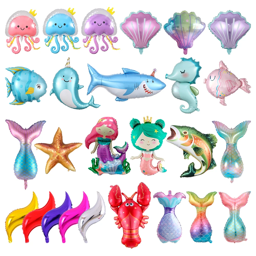 

Cartoon Mermaid Crown Jellyfish Sea Shells Shark Seahorse Fish Foil Balloon Baby Shower Ocean Under The Sea Birthday Party Decor