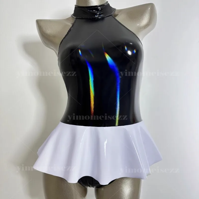 

Customized Hanging Neck Jumpsuit Stage Performance Dress Sexy Backless Outfit Ruffle Edge Mini Skirt Mirror Glossy Material