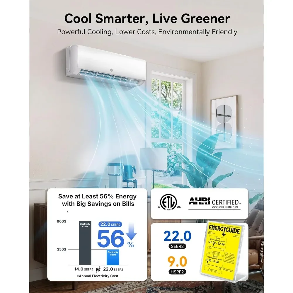 Nuevo Aire Acondicionado Mini Split y Bomba de Calor de 12000 BTU con Envío en EE. UU., 22 SEER2, 115V, Control Inteligente WiFi para Habitaciones de hasta 750 Pies Cuadrados