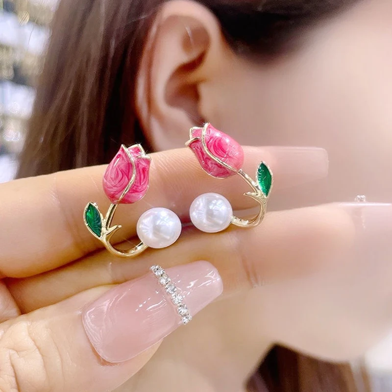 1Pair Korean Light Luxury Tulip Imitation Pearl Stud Earrings For Women Two Ways To Wear Ear Studs For Girls Daily Party Jewelry