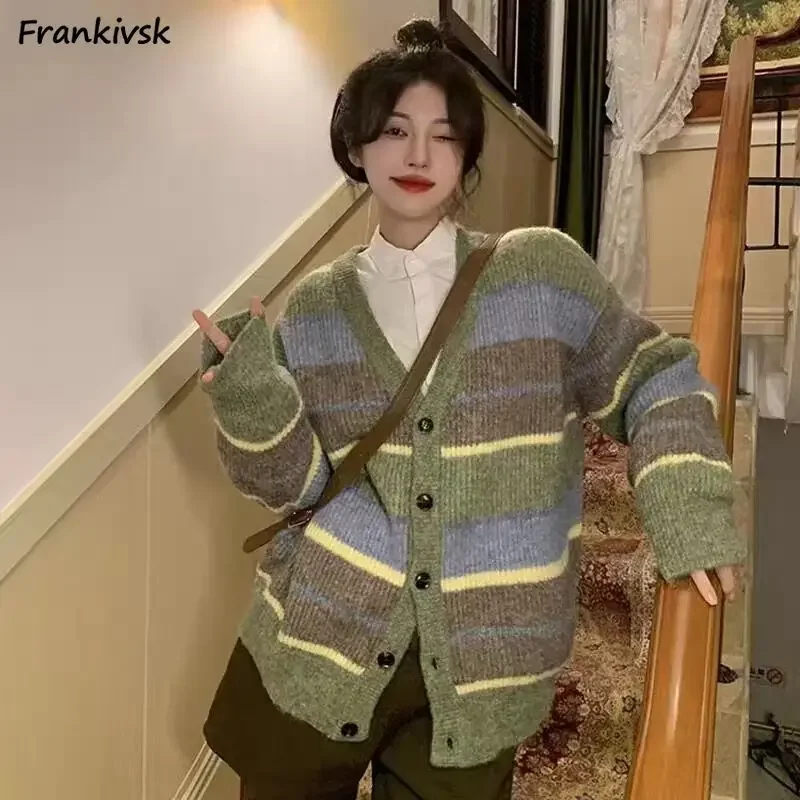 

Полосатый кардиган женский контрастного цвета, винтажный мешковатый корейский консервативный стиль, с длинным рукавом, осенний продвинутый эстетический универсальный вязаный кардиган