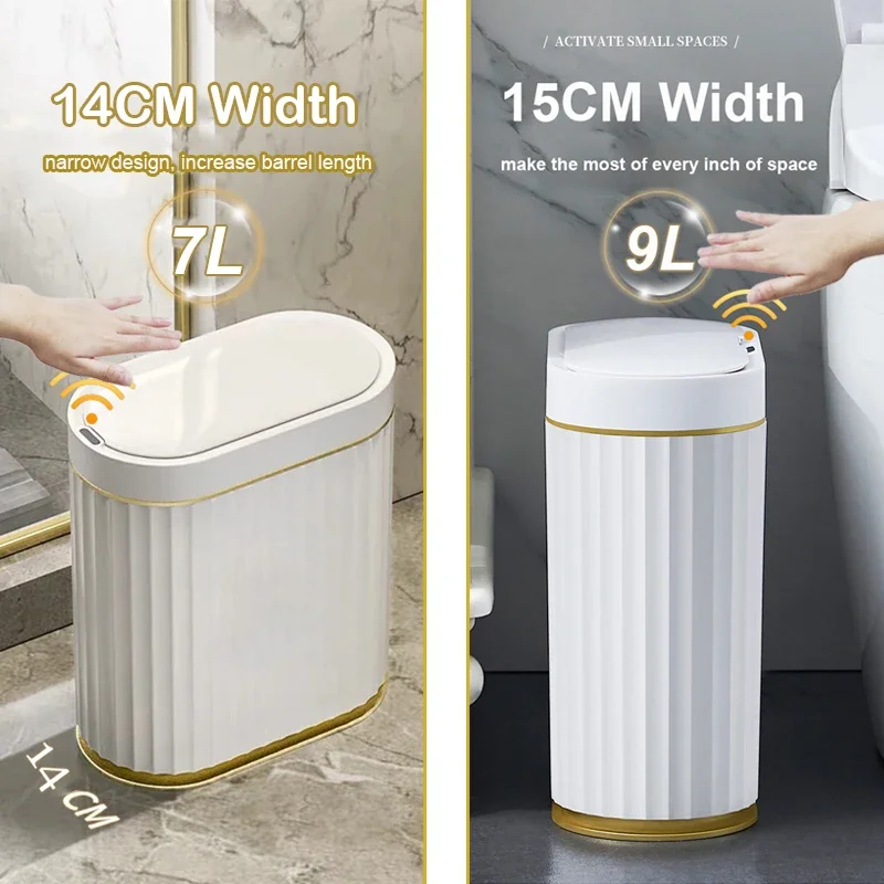 Automatic Sensor Trash Can 7L 9L Luxury Bathroom Trash Can 15L Kitchen Electric Garbage Bin Toilet Wastebasket Golden Trash Can