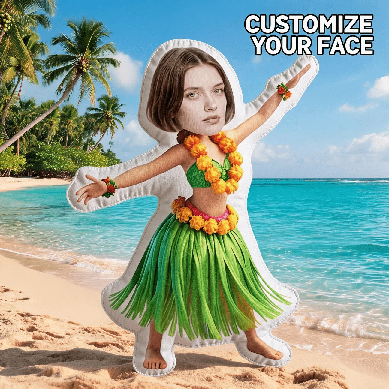 Custom Photo Dancer Shaped Pillow, Personalized Face Customization Decorative Cushion, Tropical Luau Style Accent Pillow for Sof