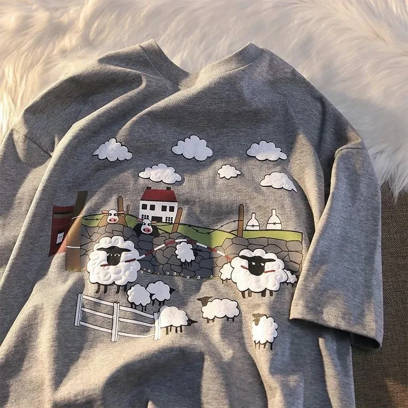 100% Cotton Japan Cartoon Cloud Sheep Anime T Shirts Kawaii Tops for Teenages Vintage Navy Gray O-neck Oversized Tees Harajuku