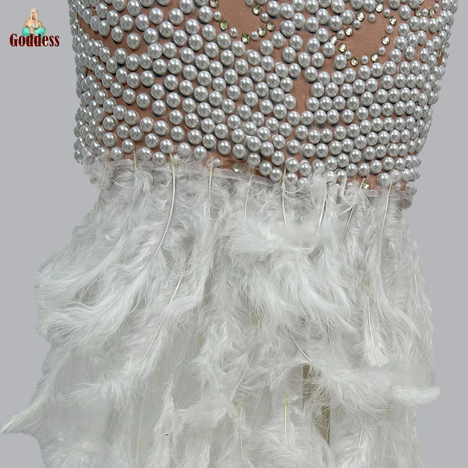 Zhenzhuyumao Gorgeous Pearl Feather Patchwork Ddress Banquet Birthday Christmas Halloween New Year's Party Fishtail Dress