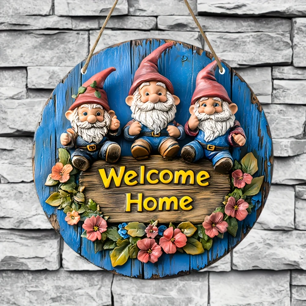 2D Flat, 1pc, Dwarf Country Style Wooden Welcome Sign, 8-Inch Round 2D Decorative Wood Plaque, Multifunctional English Welcome B