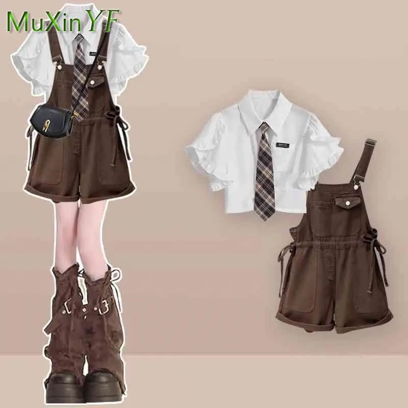 Girl 2026 Summer New Korean Elegant Short Sleeved Shirt Top+Strap Shorts Two Piece Set Lady Casual Cardigan+Overalls Pants Suit