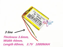 3 line 364460 3.7V 1000mAh 354560 Lithium Polymer Li-Po li ion Rechargeable Battery cells For Mp3 MP4 MP5 GPS mobile bluetooth