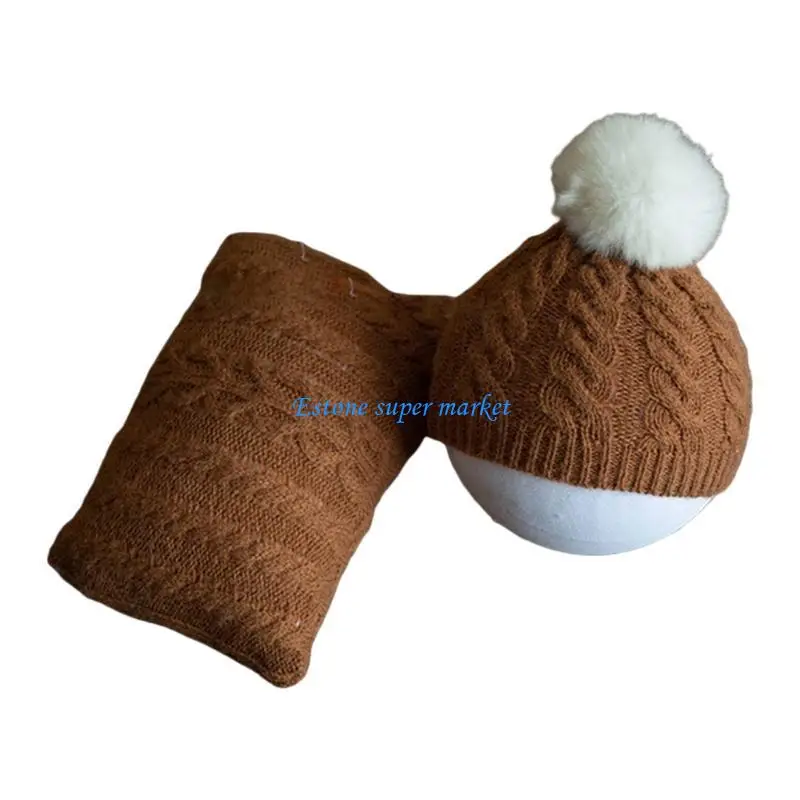 

090B Baby Knitting Twist Hat Pillow Set Newborn Photography Props Cap Beanie for Head Cushion for Infants Photo