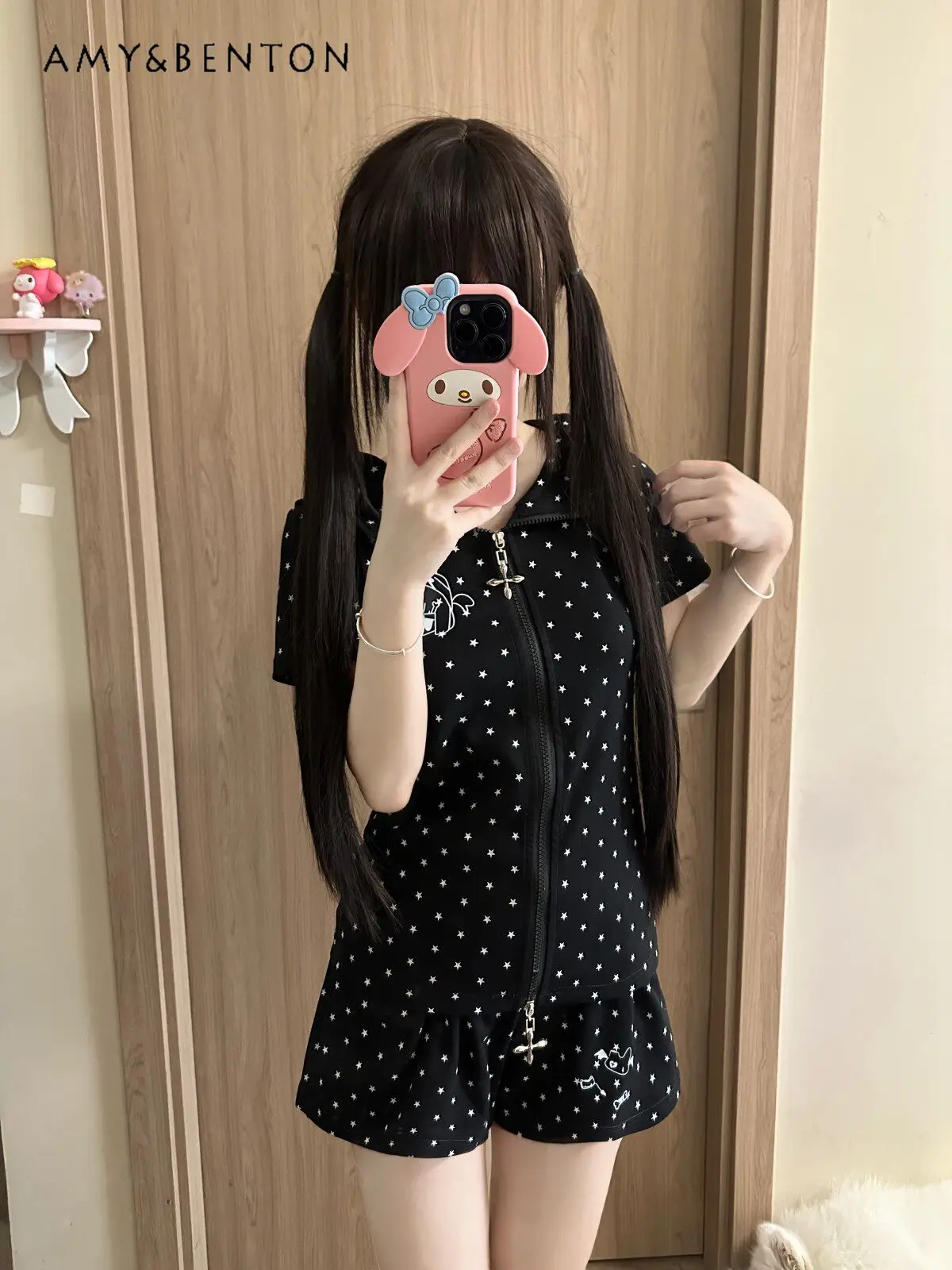 

Original Summer Cute Hooded Rabbit Ears Short Sleeves Slim Zipper Two-dimensional Jacket Shorts Daily Casual Preppy Style Suit