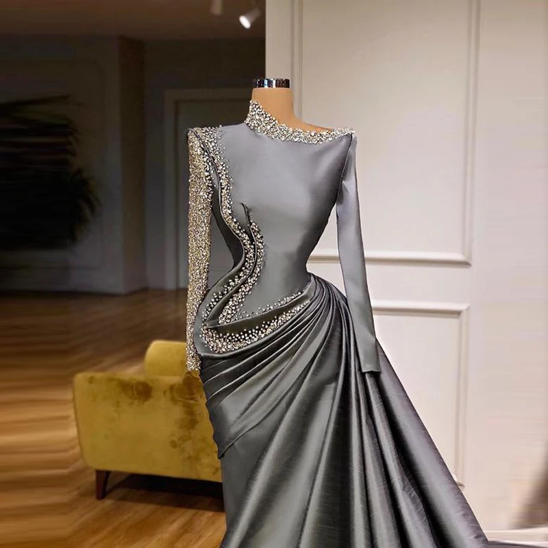 Bling Elegant Women Grey Evening Dress Long Sleeve Satin High Neck Crystal Fashion Gowns Prom Luxuty Sequined Birthday 2024