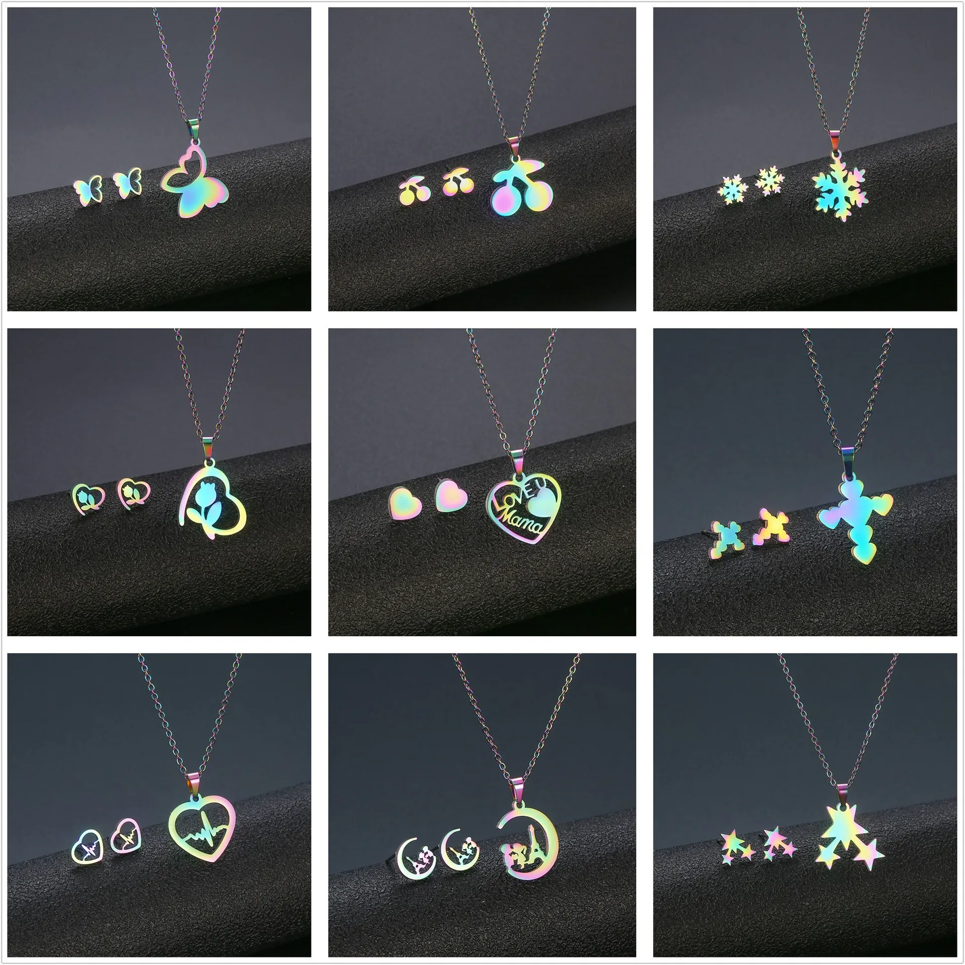 Colorful Rose Flower Snowflake Heartbeat Cross Cherry Mama Necklace Earrings Sets Stainless Steel Jewelry for Women Wholesale