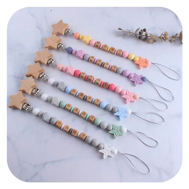 

Ins Baby Personalized Name Pacifier Chain Holder Clips Silicone Pentagram Teether Babies Soother Teething Toy Newborn Chew Gifts