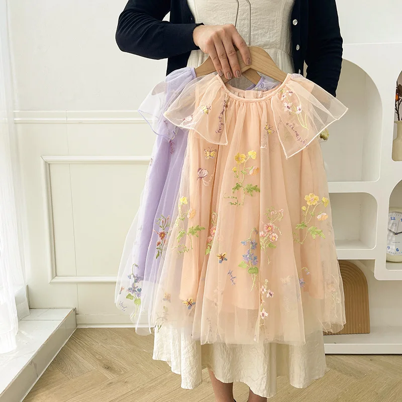 

Embroidered Flower Doll Collar Girls' Dress Summer Style Mesh Puffy Dress for Young and Middle-aged Children Princess Dress