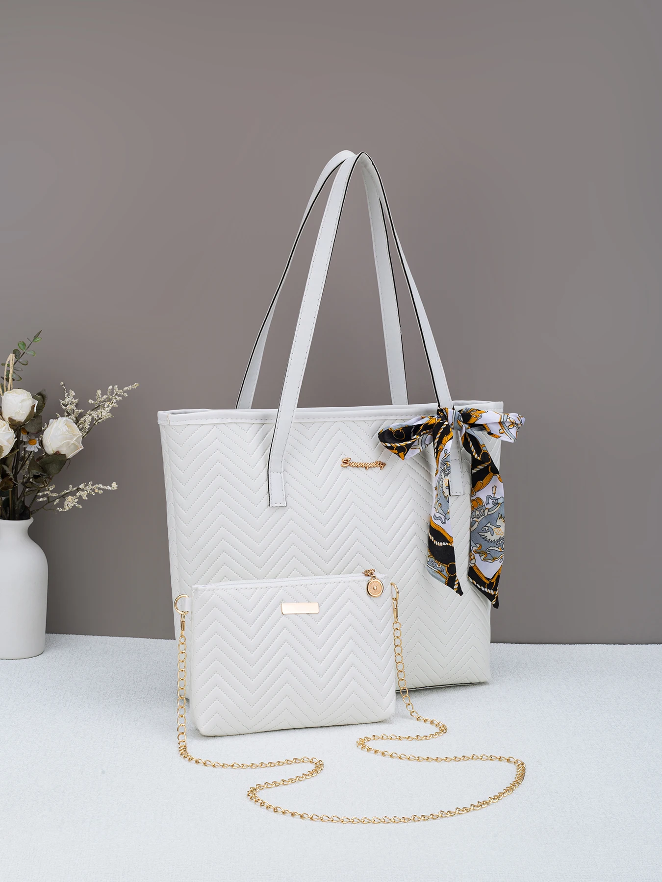 2-piece set large-capacity wavy-pattern shoulder bag, casual and fashionable women's bag, simple tote bag