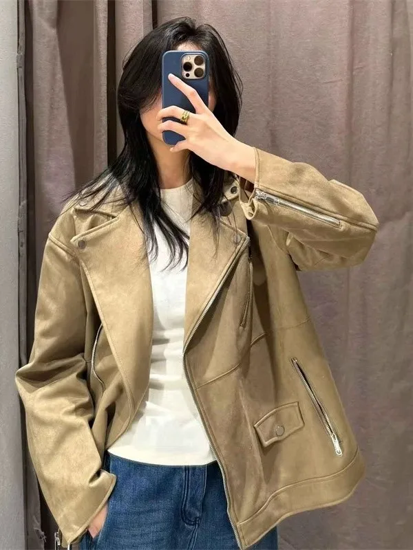 

American Sle Loose Long Sve Faux Leather Biker Jaet Women's Autumn New Arrival Casual Faion Outerwear Coat