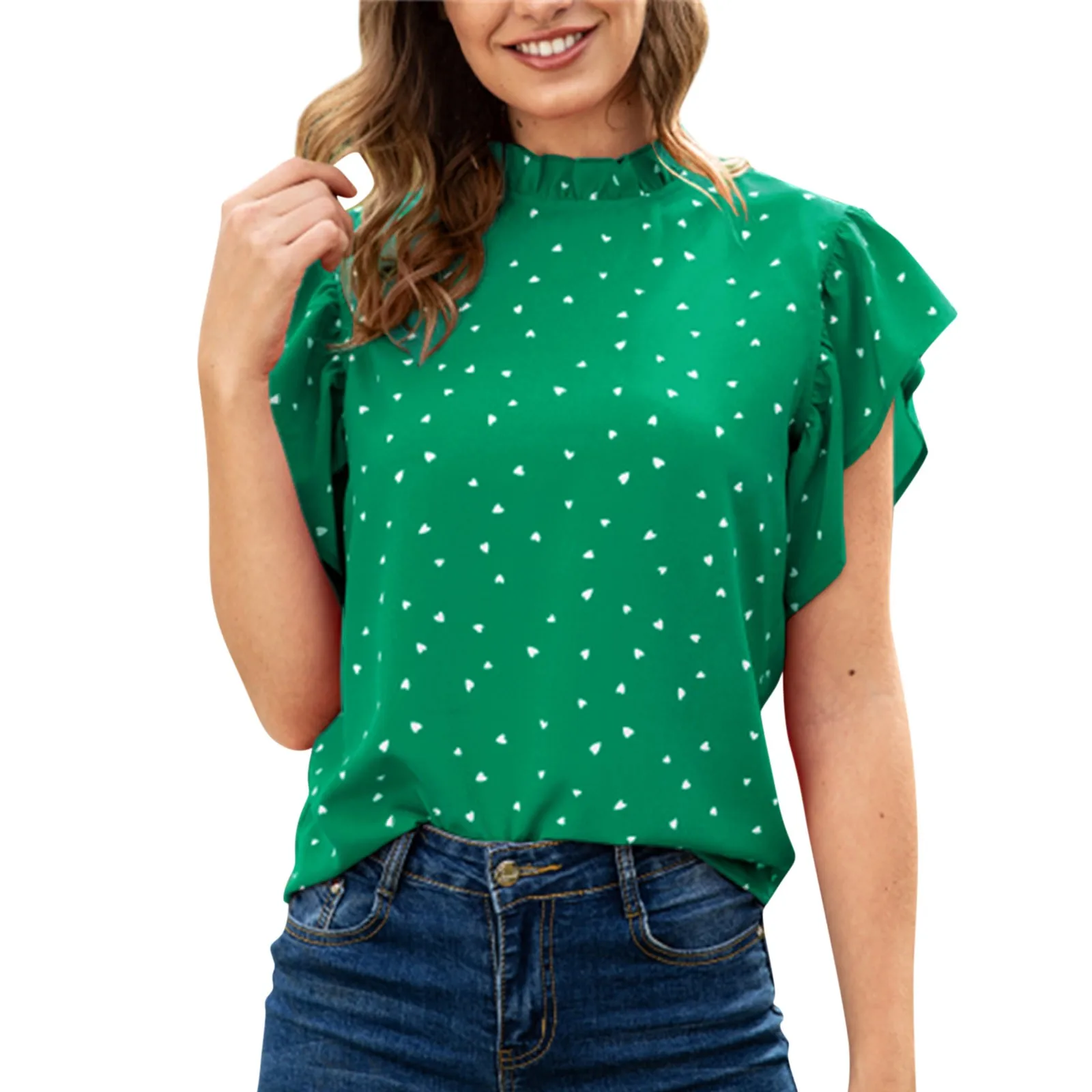 Summer Polka Dot Blouse Shirt Woman Casual Ruffle O-Neck Green Red Short Sleeve Tops Femme Cloth