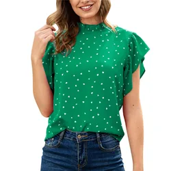 Summer Polka Dot Blouse Shirt Woman Casual Ruffle O-Neck Green Red Short Sleeve Tops Femme Cloth