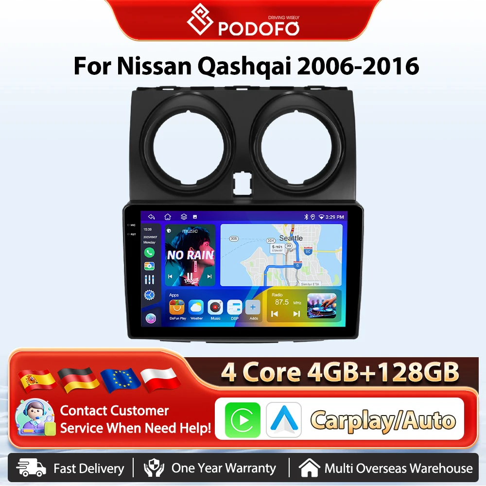 Podofo 9 ''8 Core autoradio sans fil CarPlay pour Nissan Qashqai 2006-2016 Android AI voix GPS WIFI voiture multimédia stéréo FM/RDS