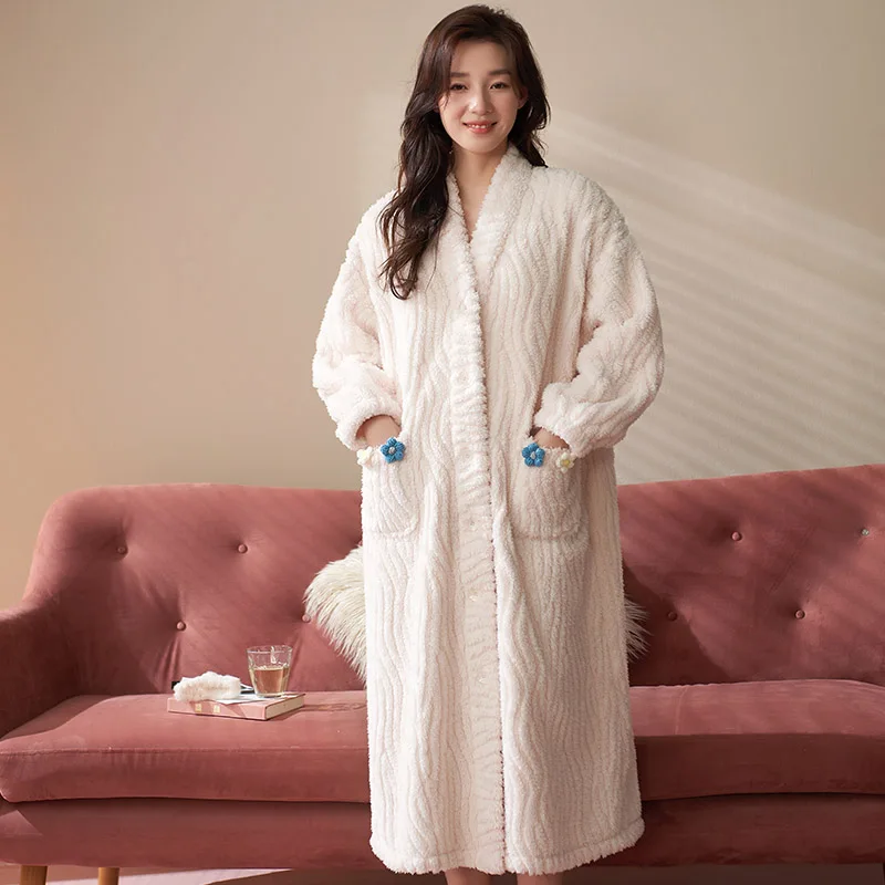 Winter Plush Velvet Women Robes Sexy V-Neck Sleep Lounge Pijama Long Sleeve Ladies Nightwear Bathrobe Button Cardigan Nightdress