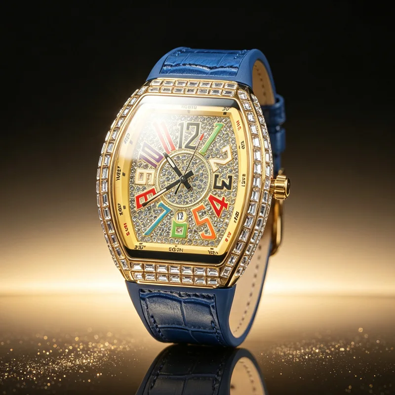New Square Diamond Quartz Watch Men Colorful Leather Case Dial Literal Tonneau Full Diamond Hip Hop Iced Out Bling Watch Man