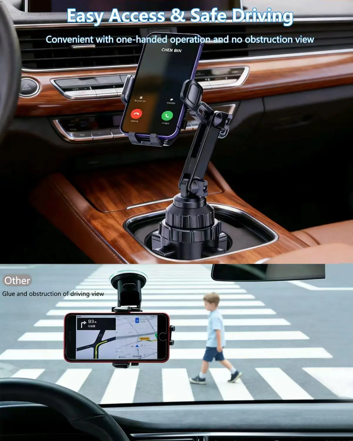 Car Cup Holder Phone Mount with Detachable Base & Long Neck, 360° Rotating for No-Shake View,Compatible with All 4-7 Inch Phones