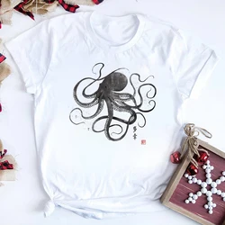 Octopus japońska kaligrafia T Shirt Gyotaku tradycyjne pisanie sztuki Ukiyo-e japonia Kawaii drukuj joga damska dziewczęca koszulka z nadrukiem